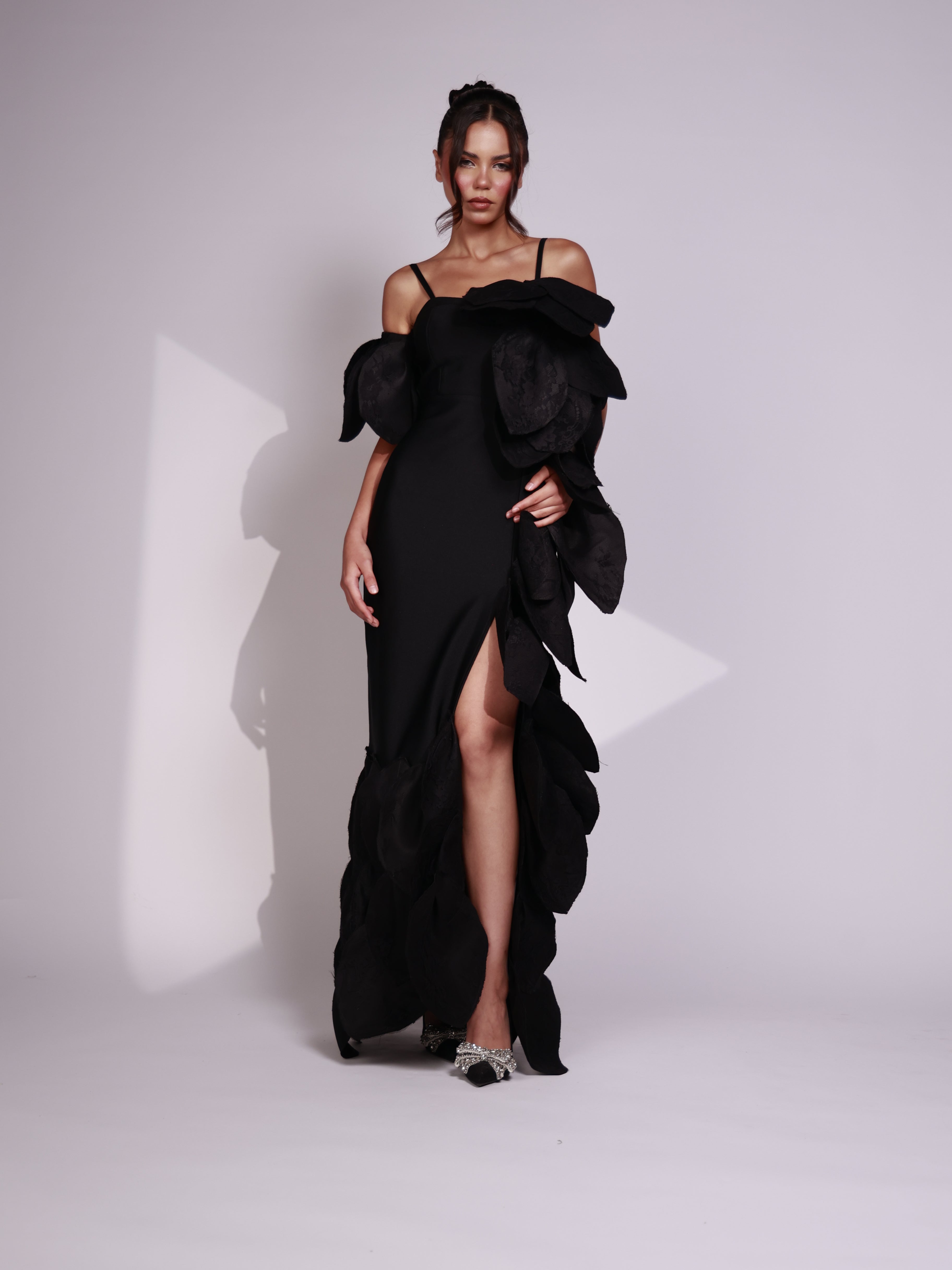 Noir Petal Cascade Dress